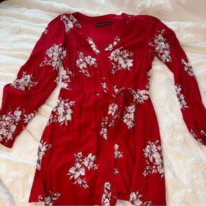 Red flowered wrap dress